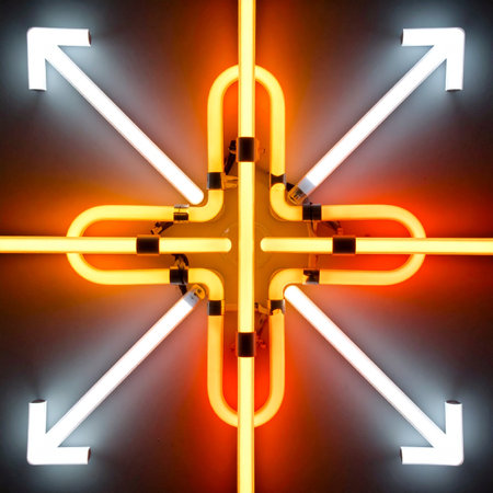 A vibrant neon sign illuminates a central point, with four glowing arrows pointing outward in every direction. This abstract design symbolizes a crossroads of choice, opportunity, and expansion, representing concepts of strategy, navigation, and future possibilities in a modern, graphic style.の素材
