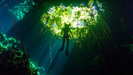 A lone freediver is silhouetted against a brilliant cascade of sunlight filtering through the jungle canopy into a hidden cenote. Suspended in the crystal-clear turquoise water, the explorer is surrounded by an ethereal glow, creating a moment of serene discovery and profound connection with natures secret wonders.の素材