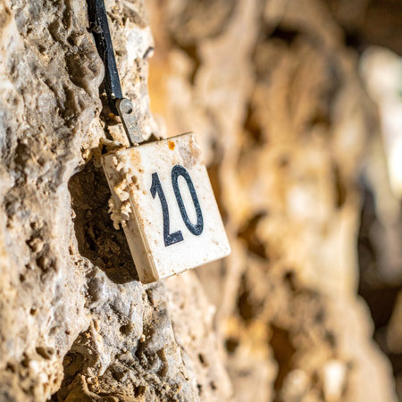 A weathered tag marked with the number 20 hangs against a rough cave wall, a mysterious clue left behind from a past expedition. This close-up shot evokes a sense of discovery, adventure, and the untold stories hidden within the earth.の素材