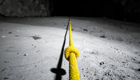 A single yellow safety rope, secured with a strong knot, stretches across the cavern floor, disappearing into the profound darkness ahead. It serves as the only guide and lifeline for an explorer venturing into the mysterious, unknown depths of the earth.の素材