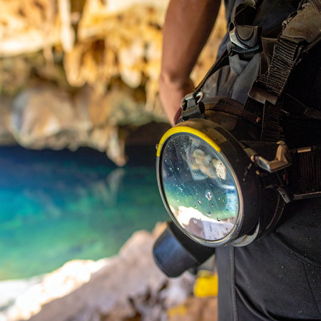A close-up of a cave diver holding a powerful dive light, standing at the edge of a stunningly blue underground cenote. The scene captures the moment of anticipation and preparation before plunging into the mysterious, hidden depths for an underwater exploration adventure.の素材