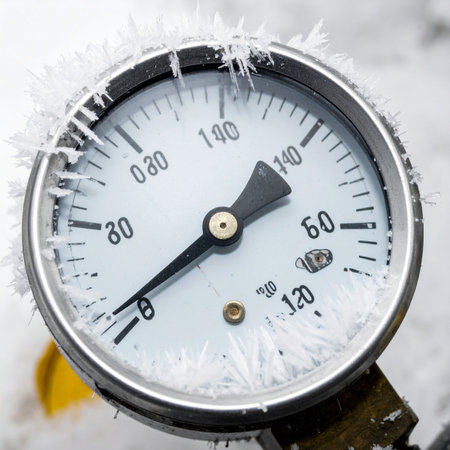 In the biting cold of a harsh winter, an industrial pressure gauge is frozen solid, its needle resting at zero. The delicate ice crystals encrusting its surface signify a complete system shutdown, a silent testament to the power of extreme weather over machinery and a visual metaphor for failure or a critical halt in operations.の素材