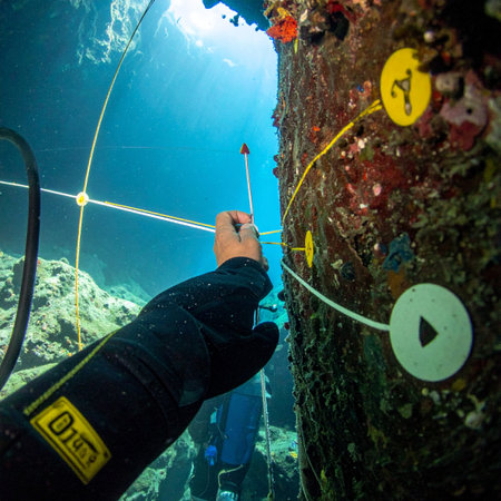 From a first-person perspective, a marine biologist meticulously collects data on a vibrant coral reef. This underwater fieldwork is crucial for monitoring the health of the marine ecosystem, contributing to vital conservation and scientific research efforts.の素材