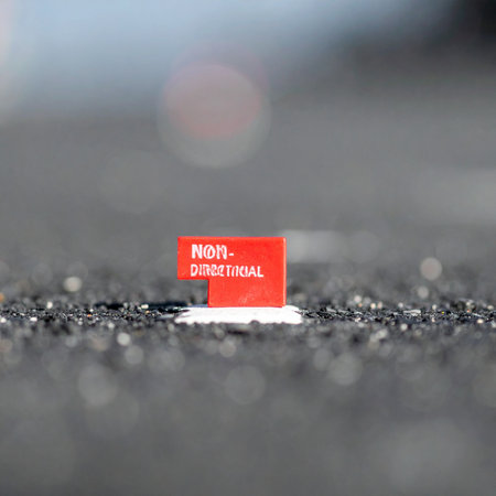 A small red marker labeled non-directional stands out on a dark, textured asphalt surface. This conceptual image uses selective color and a shallow depth of field to symbolize indecision, strategic ambiguity, and the freedom to forge a new path without guidance.の素材