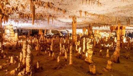 Step into a hidden world beneath the Earths surface, where golden light reveals a breathtaking chamber of ancient stalactites and stalagmites. This majestic cavern tells a story of geological time, inviting a sense of awe, exploration, and timeless wonder.の素材