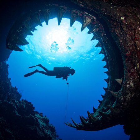A lone scuba diver is silhouetted against the bright ocean surface, framed by the menacing, teeth-like rock formations of a surreal underwater cave. This image captures a moment of awe and thrilling discovery, blending the beauty of the deep sea with a sense of ancient danger and adventure.の素材