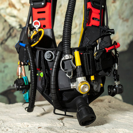 A complete set of professional technical diving equipment stands ready against a rocky backdrop. Each hose, gauge, and strap is meticulously prepared, signaling the start of a challenging underwater expedition into the unknown depths. The gear awaits its diver, a silent promise of adventure and discovery.の素材