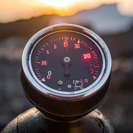 A close-up of an industrial pressure gauge glows with red light against the warm, dramatic backdrop of a mountain sunset. The instrument monitors a critical level, suggesting high performance, power, and the intensity of reaching a limit at the end of a long days journey.の素材