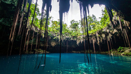 Sunlight pierces the darkness of a subterranean cave, illuminating a pristine turquoise pool. Long vines hang from the jungle canopy above, reaching down towards the crystal-clear water of this hidden natural wonder, creating a scene of serene and ancient beauty.の素材