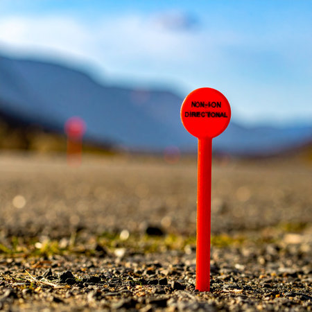A bright red marker stands firmly in the gravel, one of a series leading the way along a winding path. With mountains blurred in the distance under a clear sky, this marker signifies a point on a journey, whether for a race, a survey, or an adventure, guiding progress towards a destination.の素材