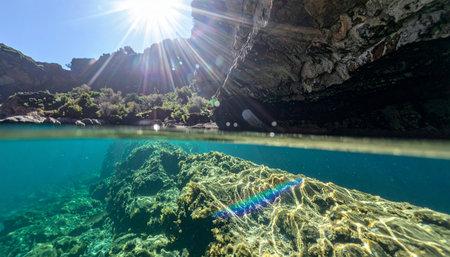 A stunning split-level perspective captures the magic of a hidden sea grotto. Above, the suns brilliant rays illuminate a rugged coastline, while below, the crystal-clear turquoise water reveals a vibrant underwater world. This image evokes a sense of adventure, tranquility, and the pristine beauty of an untouched paradise.の素材