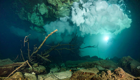 A lone scuba diver explores the ethereal depths of a Mexican cenote, swimming above a mysterious, cloud-like halocline. This surreal underwater river creates a breathtaking and otherworldly landscape, a hidden world waiting to be discovered by intrepid adventurers.の素材
