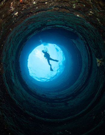A lone scuba diver is silhouetted against a brilliant blue light while exploring the mysterious depths of a natural cenote. This image captures the serene solitude and thrilling sense of discovery found in the hidden underwater worlds, a perfect metaphor for adventure, exploration, and facing the unknown.の素材