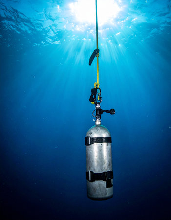 A spare scuba tank hangs silently on a line during a safety stop, suspended in the deep blue tranquility of the ocean. Above, brilliant sunbeams pierce the surface, illuminating the essential life support equipment waiting for a divers return. This image captures a moment of peaceful solitude and preparedness in the vast underwater world.の素材