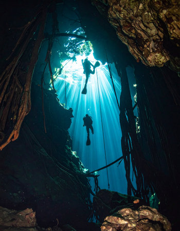 Two scuba divers descend into the mystical depths of a cenote. Above them, brilliant sunbeams pierce the darkness, creating an ethereal, cathedral-like display of light in the crystal-clear water. This image captures a moment of serene exploration and the breathtaking beauty of a hidden underwater world.の素材