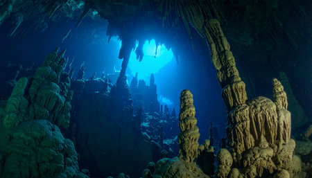 Deep within a submerged cavern, ethereal blue light filters through the water, revealing a silent, ancient world of geological wonders. This is a journey into the unknown, a place of serene mystery and majestic solitude.の素材