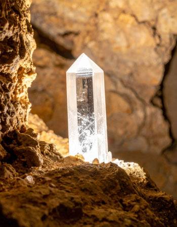 A perfect, clear quartz crystal point emerges from its rough, earthy matrix, glowing with an inner light. This hidden treasure, discovered deep within a cave, evokes a sense of magic, natural power, and geological wonder.の素材