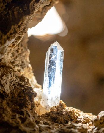 A single, perfect quartz crystal point emerges from its rough, earthy matrix. Backlit by a mysterious light source, it glows from within, revealing its pure structure and hinting at the hidden power and natural energy contained within the earth. A symbol of discovery and clarity.の素材