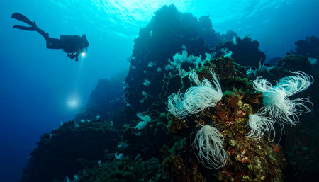 A lone scuba diver illuminates a vibrant, deep-sea reef with a powerful torch, revealing the delicate beauty of white feather stars. This image captures the thrill of underwater exploration and the serene mystery of the oceans depths.の素材
