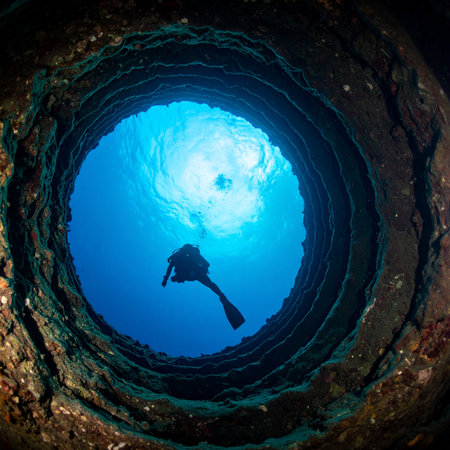 From the dark, mysterious depths of a sunken wreck or sea cave, a lone scuba diver ascends towards the brilliant blue light of the surface. This image captures a moment of discovery, freedom, and the profound beauty of underwater exploration, symbolizing a journey towards a new beginning or a breakthrough.の素材