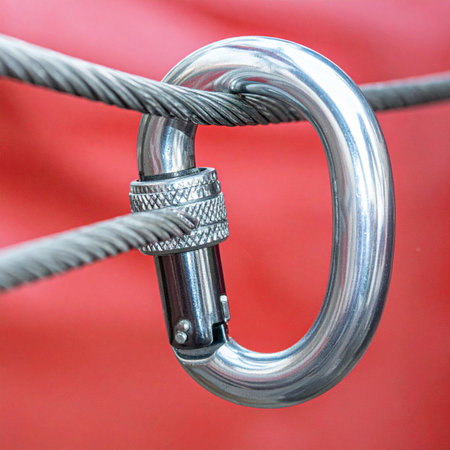 A gleaming silver carabiner is securely locked onto a sturdy steel cable, creating an unbreakable link. Against a bold red background, this closeup shot symbolizes strength, safety, and reliability. Its a powerful metaphor for trust, teamwork, and the critical connections that ensure success and security in any venture.の素材