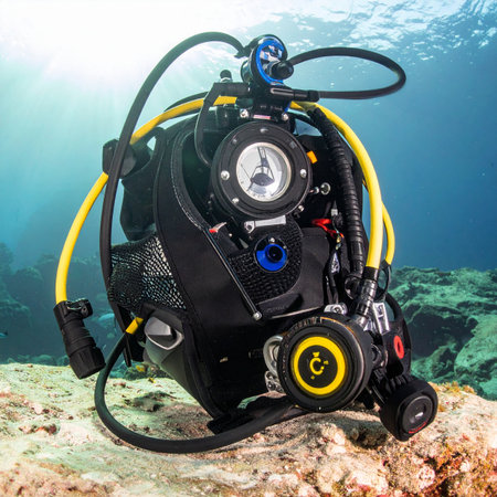 A complete set of professional scuba diving equipment rests on the sandy ocean floor, bathed in sunlight from the surface. The scene evokes a sense of anticipation and readiness for an underwater adventure, a moment of calm before exploring the vibrant marine world below.の素材