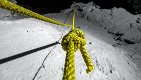In the deep darkness of a high-altitude night, the only thing visible is the path illuminated by a headlamp. A yellow safety rope, securely knotted, is a lifeline against the steep, unforgiving snow and ice. This is a moment of intense focus and determination on a challenging ascent.の素材