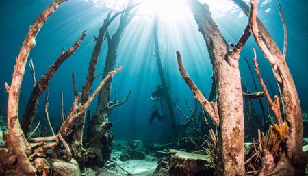 Sunbeams pierce the crystal-clear turquoise water, illuminating a surreal underwater forest of submerged trees. In the distance, a lone scuba diver explores this magical and serene cenote, a hidden world of tranquility and ancient beauty waiting to be discovered.の素材