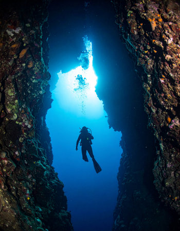 Suspended in the deep blue, a diver navigates a narrow rock fissure, drawn towards the promise of light from the surface. This powerful image evokes a sense of profound adventure, solitary exploration, and the mysterious beauty of the world beneath the waves.の素材