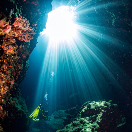 A lone scuba diver explores the mysterious depths of a submerged sea cave. Brilliant sunbeams pierce the darkness from an opening above, creating a breathtaking, almost spiritual scene of underwater exploration and natural beauty.の素材