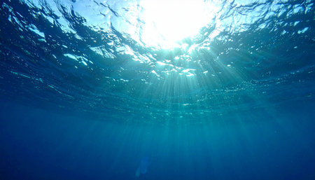 From the quiet depths of the ocean, brilliant sunbeams pierce the surface, sending ethereal rays of light through the tranquil blue water. This serene underwater scene evokes a sense of peace, hope, and the profound beauty of the natural world.の素材