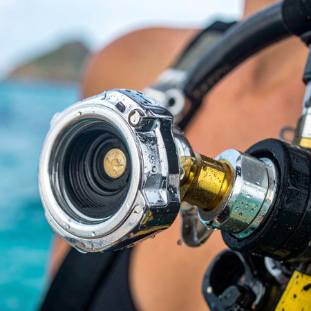 A detailed close-up of a scuba diving first stage regulator, gleaming in the sun. With the turquoise ocean in the background, this essential piece of life support equipment is ready for an underwater adventure, symbolizing safety, technology, and the thrill of exploration.の素材