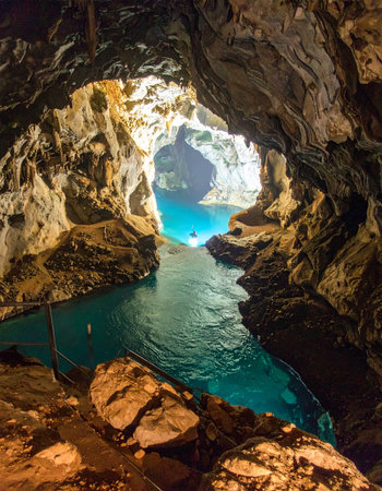 From the cool, dark interior of a rocky grotto, a hidden waterway glows with brilliant turquoise light. The sunlit ocean entrance beckons, promising adventure and the discovery of a secret, untouched paradise. A perfect scene for travel, exploration, and natural wonder.の素材