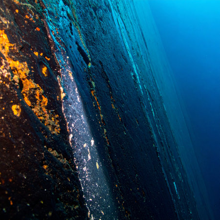 Plunge into the mysterious depths where the corroded surface of a forgotten relic meets the vast, silent blue of the abyss. This abstract underwater scene captures the dramatic boundary between the known and the unknown, inviting a sense of exploration and deep-sea adventure.の素材