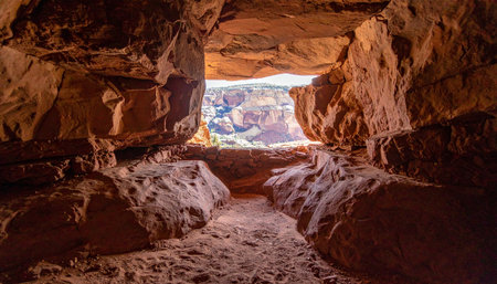 From the cool, dark interior of a natural sandstone cave, a breathtaking view of a sunlit canyon unfolds. This hidden shelter offers a unique perspective, framing the rugged landscape and inviting a sense of adventure and discovery in the wild.の素材