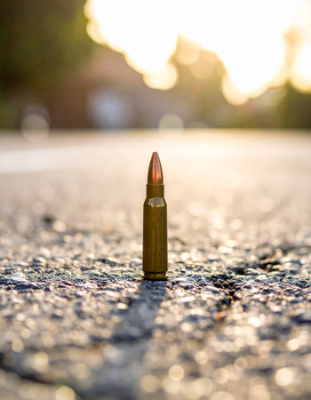 A single bullet stands upright on a cracked asphalt road, its brass casing catching the warm, dramatic light of a setting sun. The image creates a sense of tension and finality, a quiet moment before a significant event, symbolizing a powerful decision or an impending conflict.の素材