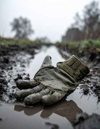A single, weathered glove lies forgotten in a muddy puddle on a desolate rural track. Its reflection hints at a story of hard work, a long journey, or something left behind, creating a somber and mysterious atmosphere under an overcast sky.の素材
