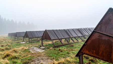 A line of ancient, weathered wooden hayracks stands silently in a vast meadow, their forms slowly emerging from the dense morning mist. This quiet, atmospheric scene evokes a sense of timeless tradition and the peaceful solitude of a rural landscape shrouded in fog.の素材