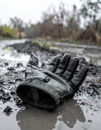 A single, weathered work glove lies forgotten in a muddy puddle, a silent testament to a hard days labor or a story left untold. The gritty, desolate scene evokes themes of loss, abandonment, and the aftermath of work.の素材