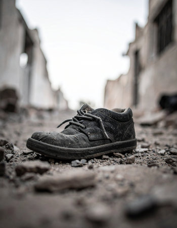 A single, dusty shoe rests forgotten amidst the rubble of a desolate alley. A poignant symbol of loss, displacement, and the stories left untold in the wake of hardship or conflict. It speaks to a journey interrupted and a memory left behind on the rocky ground.の素材