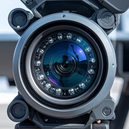 A detailed macro shot of a state-of-the-art robotic camera lens, its complex optics and infrared LEDs gleaming. This image represents the pinnacle of modern surveillance, broadcasting, and security technology, symbolizing precision, control, and the future of digital observation.の素材