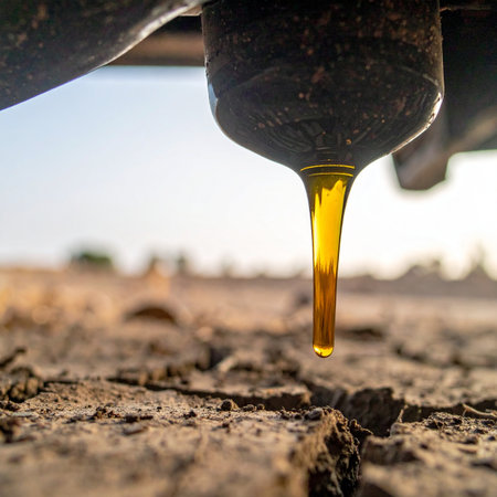 A single, viscous drop of golden engine oil hangs precariously before falling onto the parched, cracked earth below. This close-up shot captures a moment of environmental contamination, symbolizing the impact of industrial waste and neglect on a fragile, arid landscape.の素材
