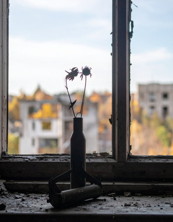 In the quiet of a forgotten room, two withered flowers stand as a fragile silhouette against a blurred city view. A poignant symbol of resilience and lost memories amidst urban decay and the aftermath of destruction.の素材