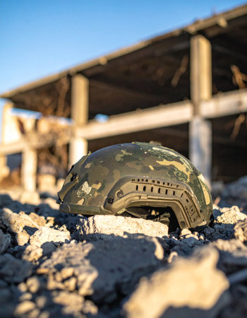 A lone camouflage combat helmet rests on a pile of rubble in the golden light of dawn or dusk. In the background, the skeletal remains of a building stand against a clear sky, a silent testament to a recent conflict. This poignant scene captures the quiet aftermath of war, symbolizing loss, sacrifice, and the enduring consequences of battle.の素材