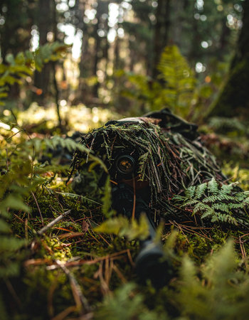 Deep within a sun-dappled forest, a figure becomes one with the environment. Perfectly concealed in a ghillie suit among ferns and moss, they wait with unseen patience, a master of stealth and camouflage on a covert mission.の素材