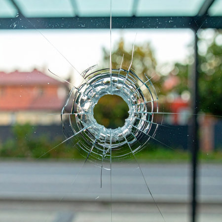 A close-up view captures the dramatic aftermath of a violent act. A single bullet hole is the epicenter of a web of cracks spreading across a glass window, a stark symbol of destruction and danger. The blurred background suggests an ordinary public space, now marked by an act of vandalism or crime.の素材