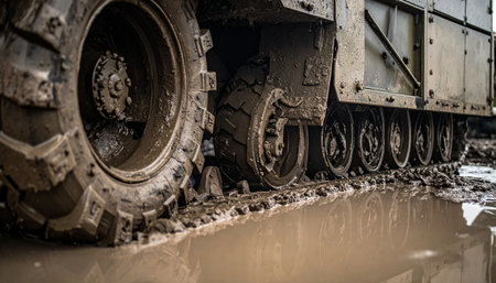 A close-up view captures the immense power of a military armored vehicle as its muddy tracks and wheels churn through a waterlogged, difficult terrain. This image highlights the ruggedness and resilience required for off-road operations in challenging conditions.の素材