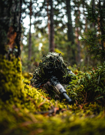 Deep within a dense, moss-covered forest, a special forces operator in a ghillie suit lies perfectly still, concealed from view. With their sniper rifle at the ready, they demonstrate ultimate patience and stealth on a covert mission, blending seamlessly into the natural environment.の素材