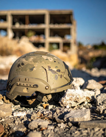 A lone combat helmet rests on the rubble of a destroyed building, a silent testament to a recent conflict. The sun beats down on the abandoned scene, symbolizing the aftermath of war, loss, and the resilience of survival in a devastated urban landscape.の素材