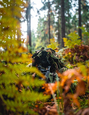 Deep within the autumn woods, a special forces operator becomes one with the landscape. Perfectly concealed in a ghillie suit amidst the fallen leaves and ferns, they wait with immense patience, an unseen guardian on a critical surveillance mission.の素材
